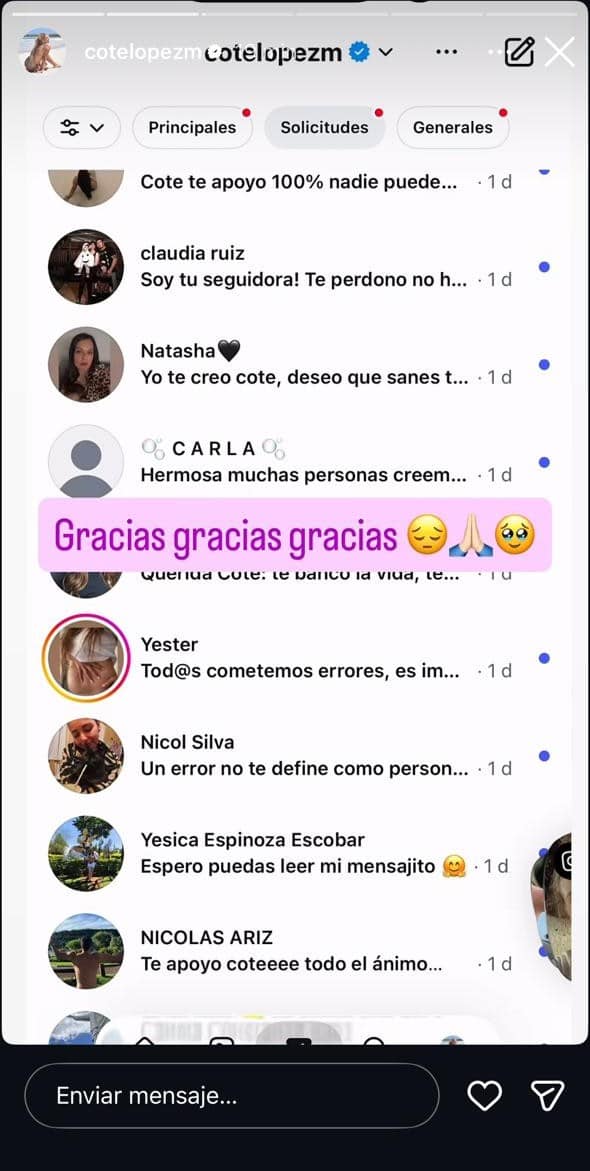 Historias de Instagram de Coté López agradeciendo los mensajes de apoyo de sus seguidores tras Primer Plano