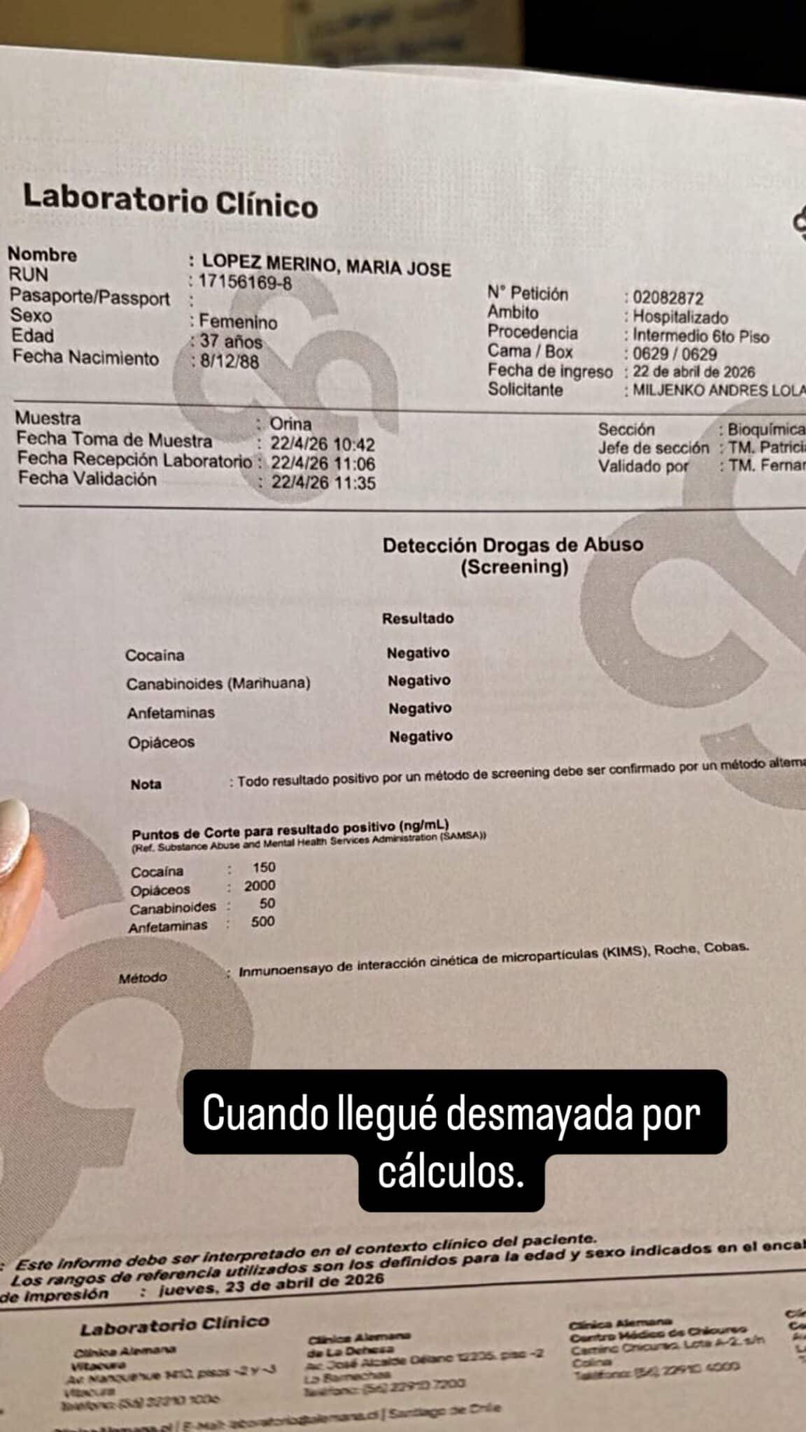 Coté Lopez revelo examen de droga.
