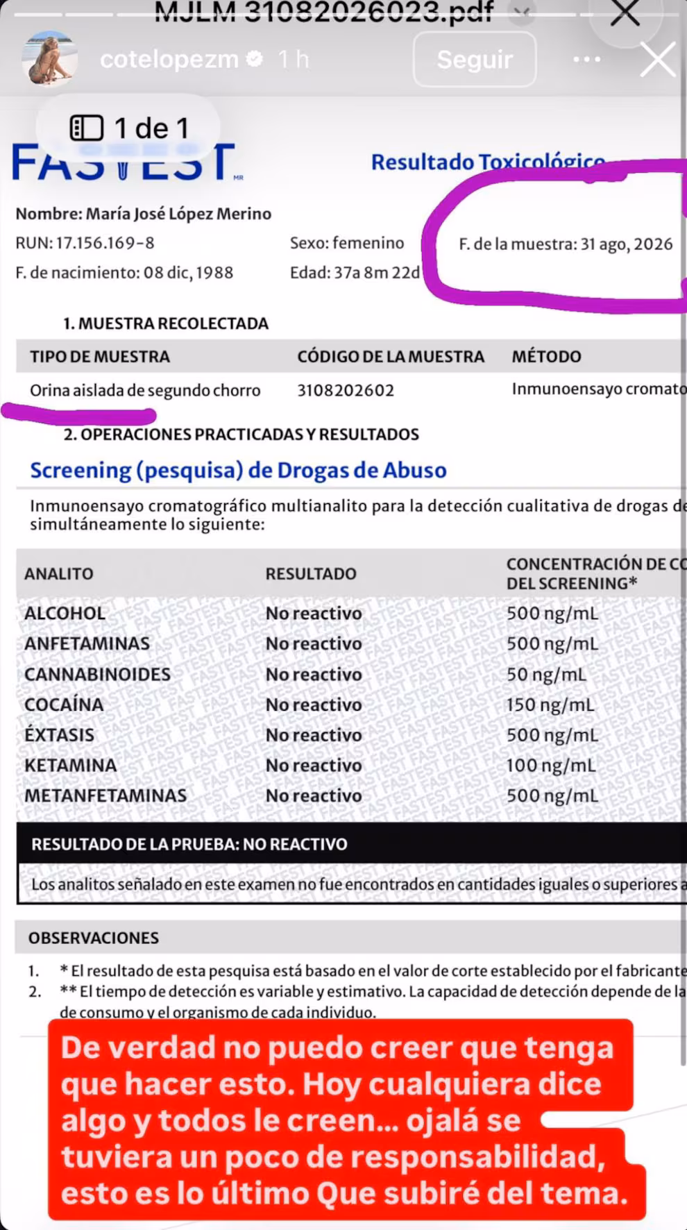 Captura de las historias de Instagram de Coté López con el resultado del examen de drogas realizado el 31 de agosto de 2026
