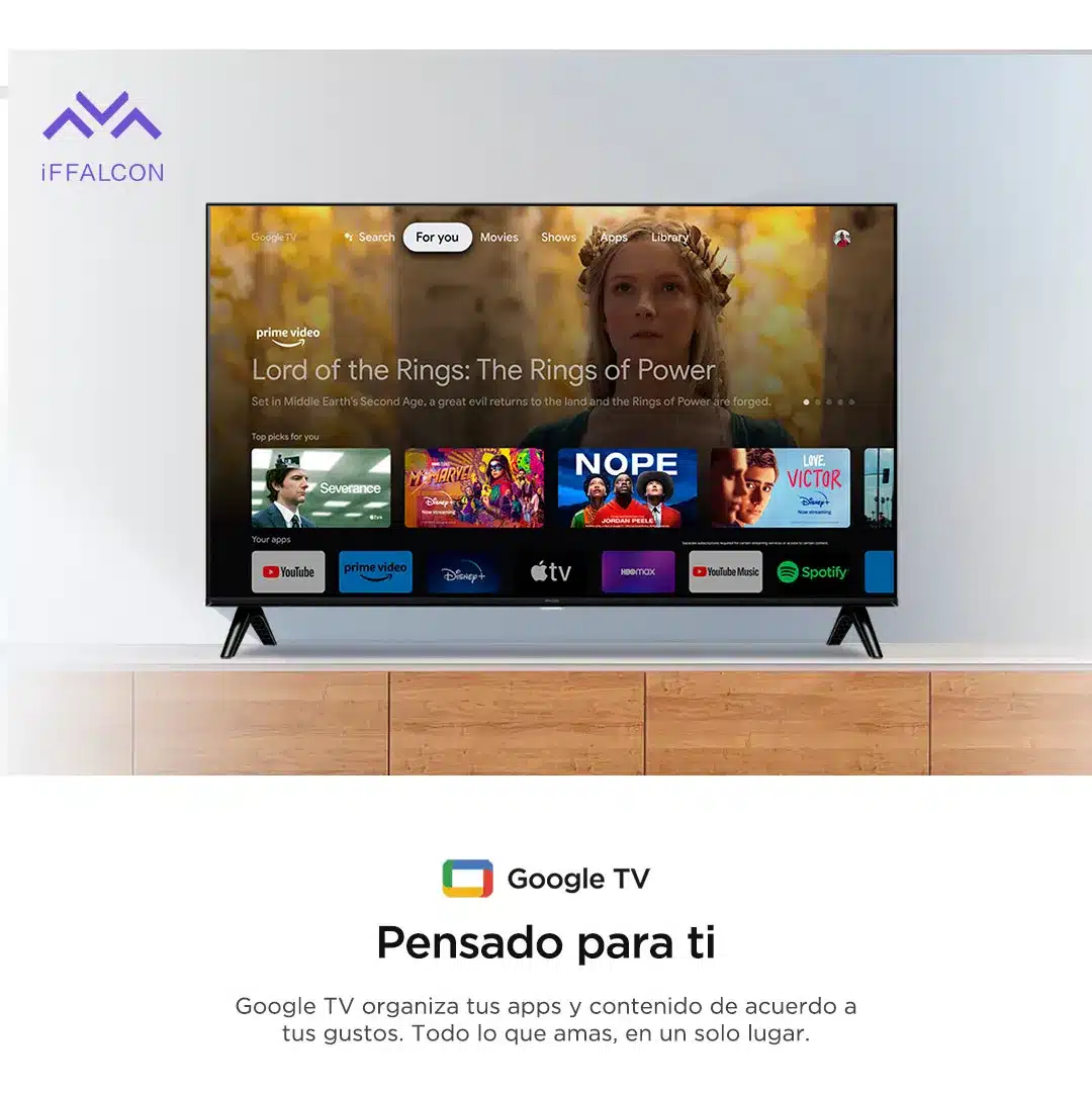 Interfaz de Google TV con Netflix y YouTube en el iFFALCON S55