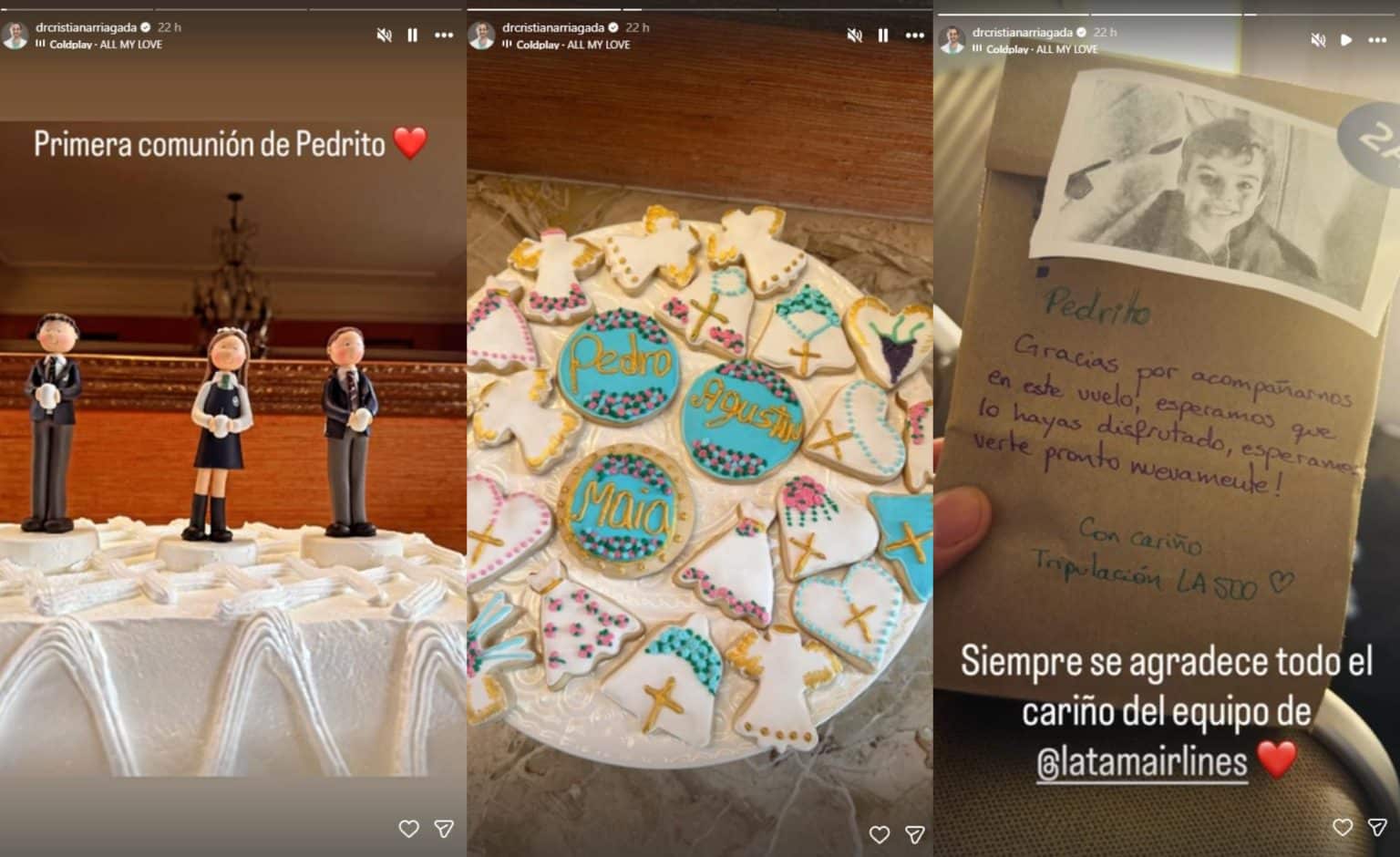 Torta blanca y galletas personalizadas de la celebración de la Primera Comunión compartida por Cristián Arriagada en Instagram