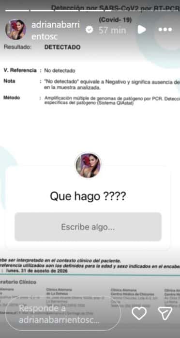 Resultado de examen de Adriana Barrientos con la palabra "DETECTADO" para SARS-CoV-2 que compartió en Instagram