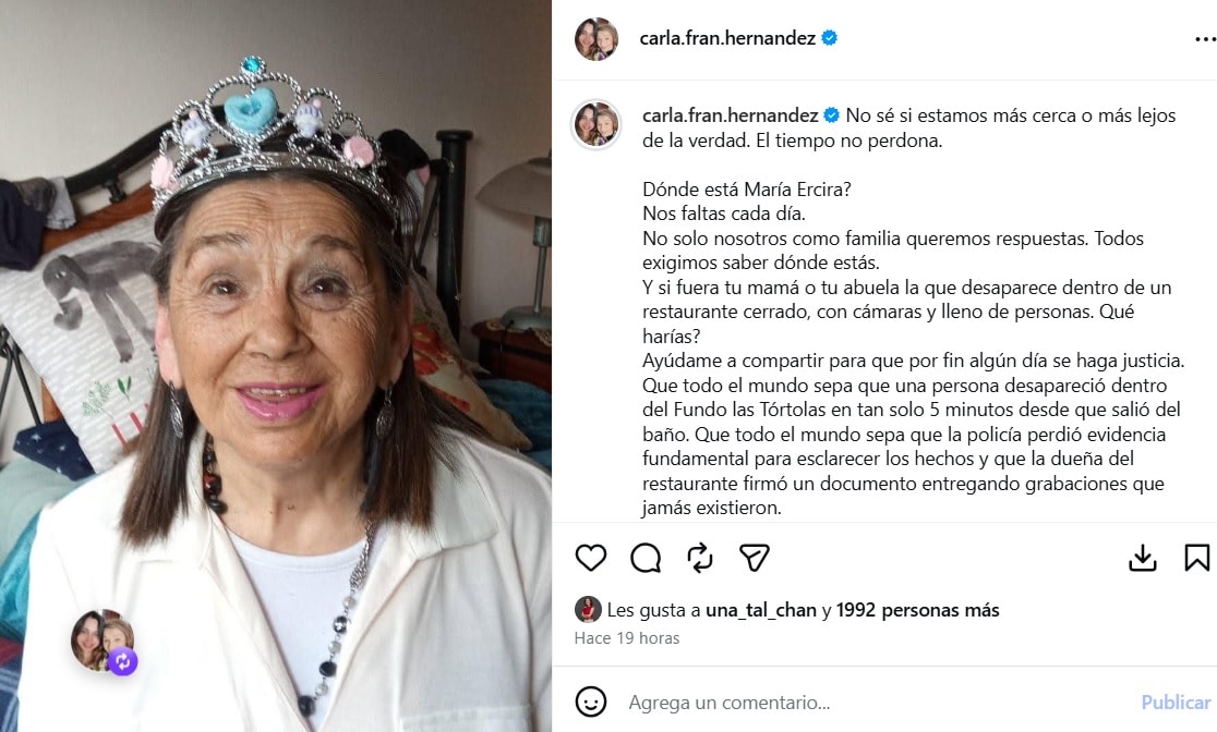 Publicación de Instagram de Carla Hernández, nieta de María Ercira, emplazando a la dueña del fundo Las Tórtolas a dar explicaciones en Chile