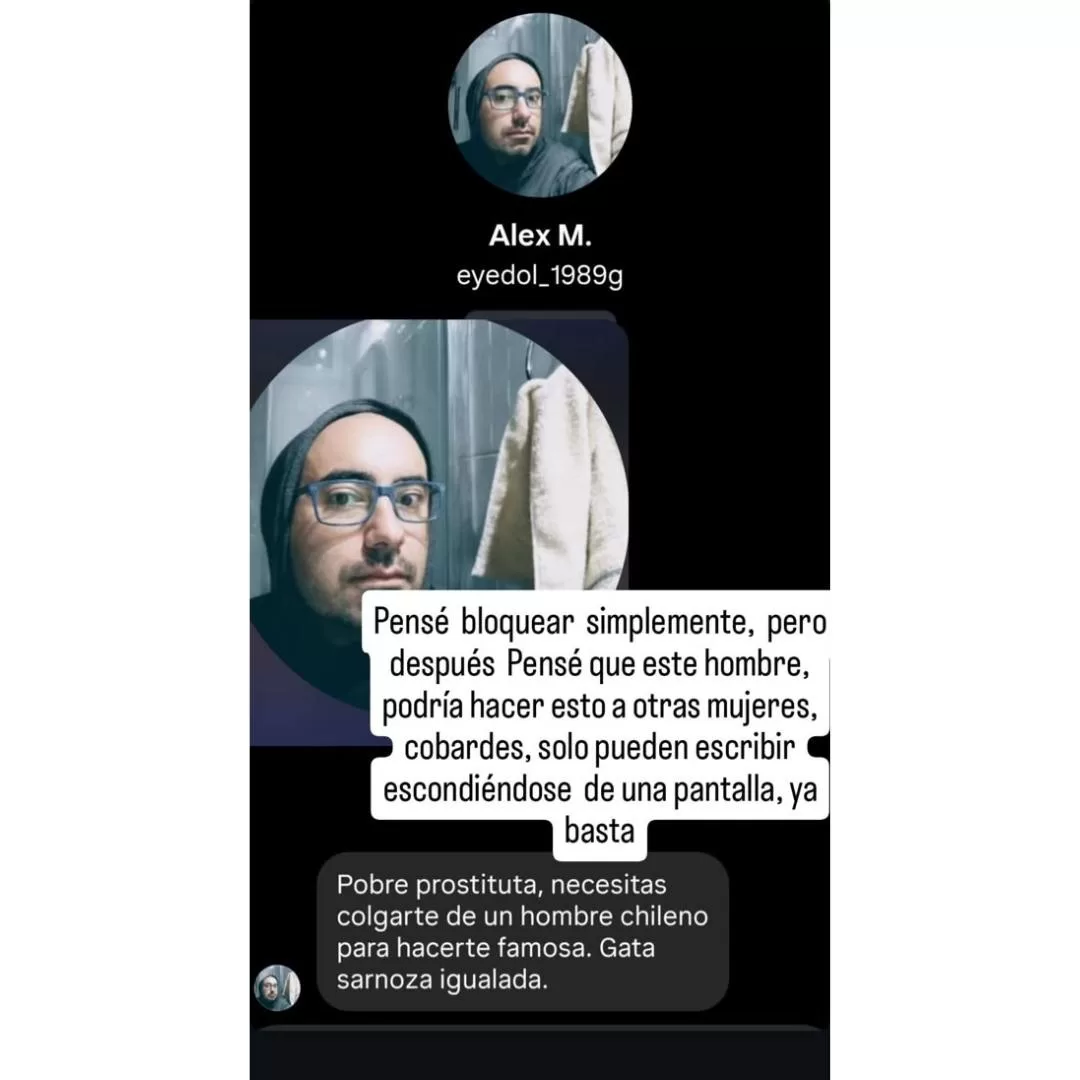 Captura de la historia de Instagram donde Ludmila Ksenofontova expone el mensaje de acoso recibido