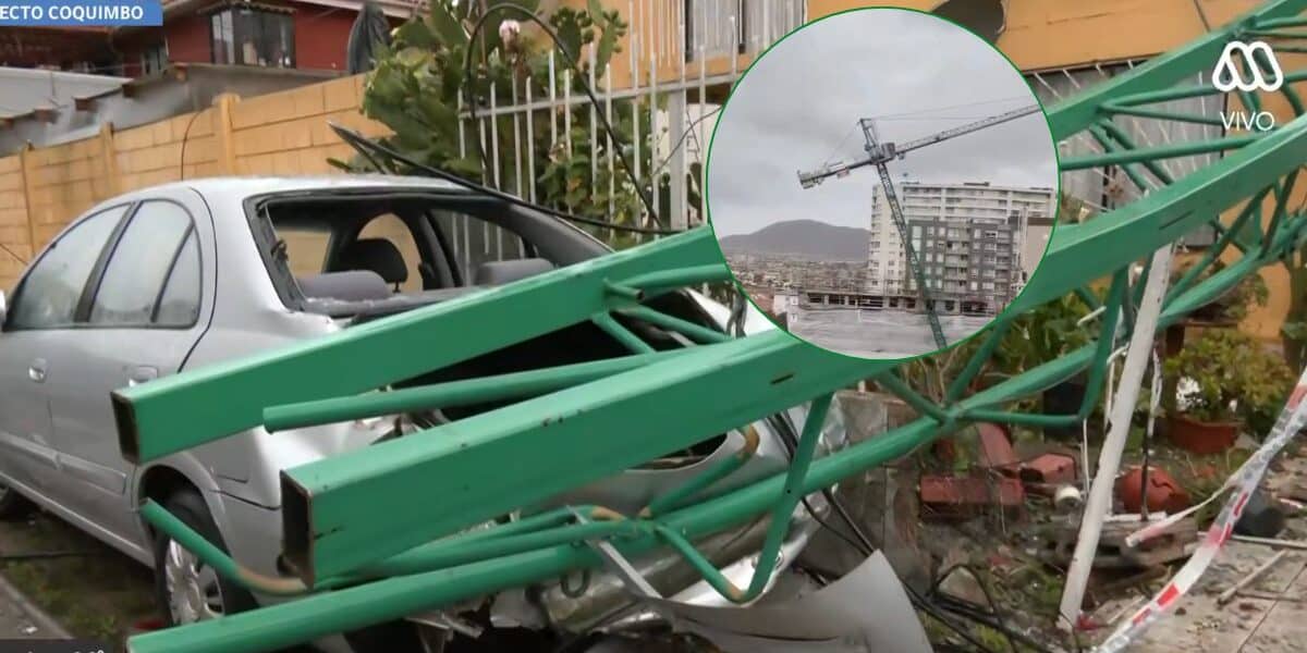 Grúa en Coquimbo caída sobre una vivienda del sector Sindempart tras fuertes vientos