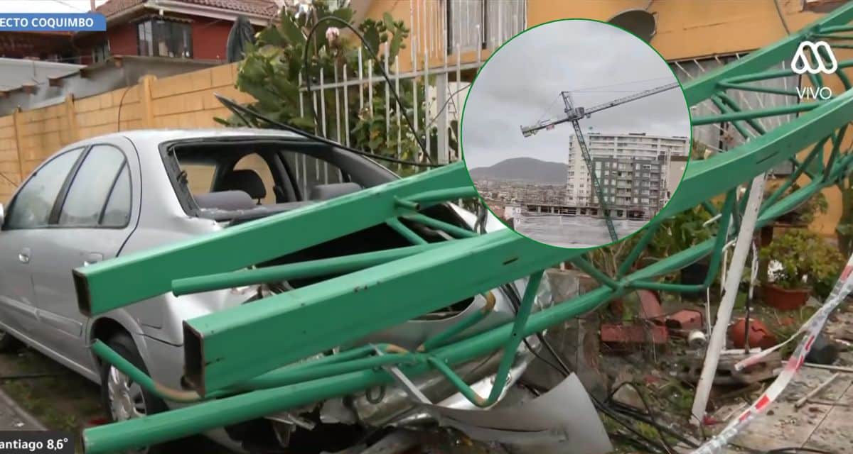 Grúa en Coquimbo caída sobre una vivienda del sector Sindempart tras fuertes vientos