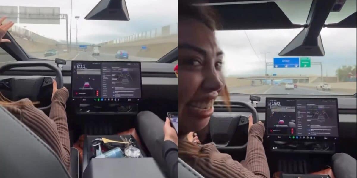 Naya Fácil manejando su Cybertruck a alta velocidad en un video compartido en redes sociales