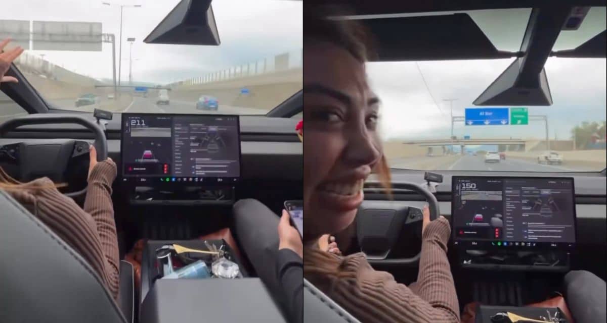 Naya Fácil manejando su Cybertruck a alta velocidad en un video compartido en redes sociales