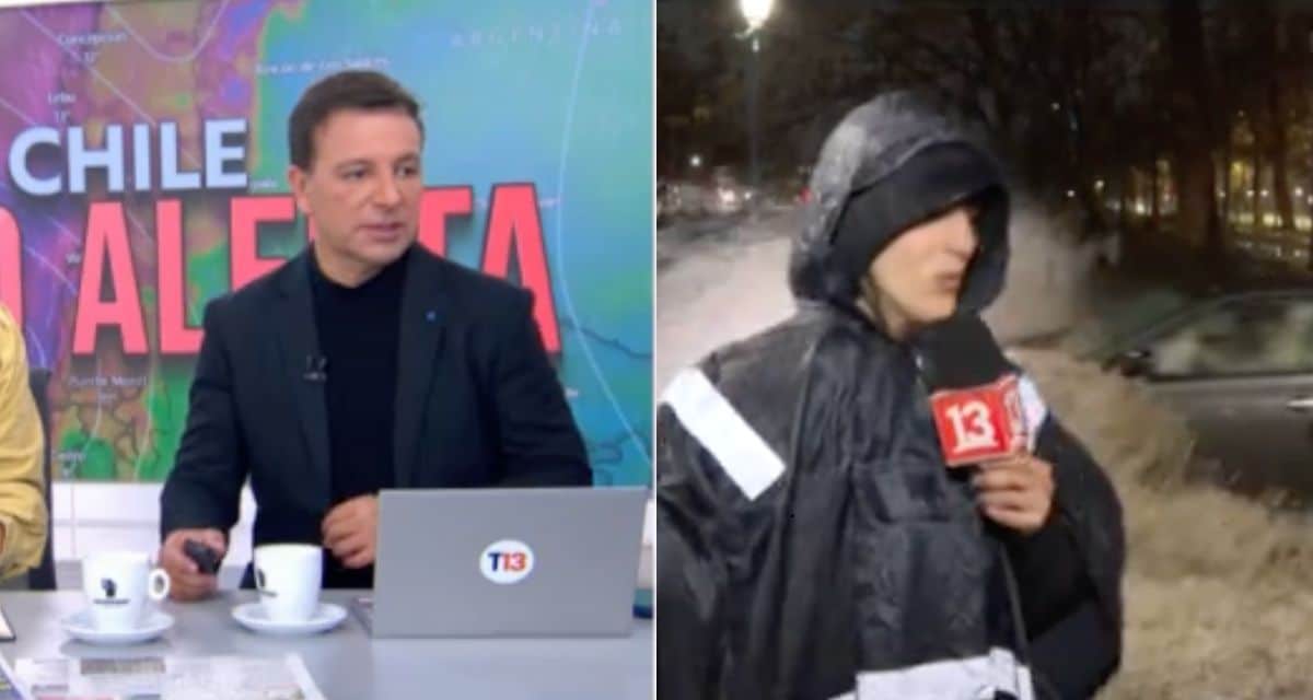 Periodista de T13 es empapada por un automóvil durante las lluvias en Santiago