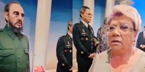 La cantante y actriz Paty Maldonado frente a una estatua de Fidel Castro en el video que se viralizó en redes sociales