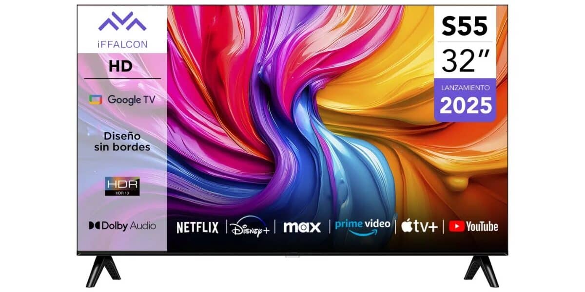 Smart TV iFFALCON 32 pulgadas S55 con Google TV encendido en un living