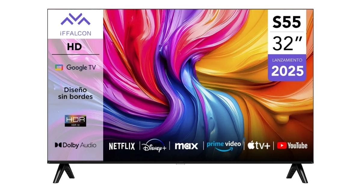 Smart TV iFFALCON 32 pulgadas S55 con Google TV encendido en un living