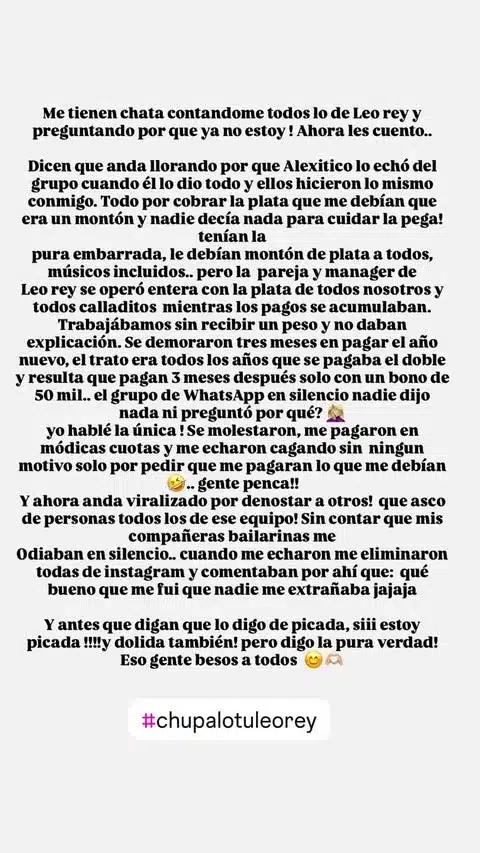 Historia de Instagram de Kamy López con su descargo contra el equipo de Leo Rey