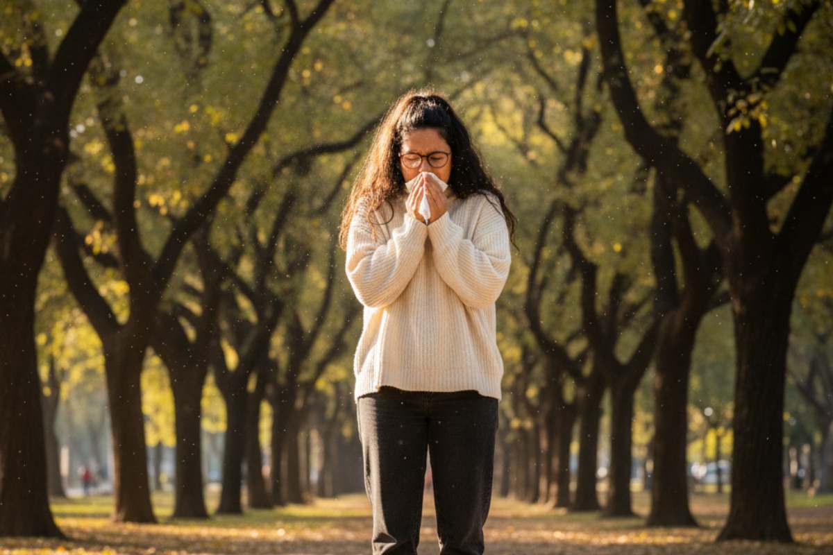 Mujer con lentes y sweater claro se tapa la nariz con un pañuelo en un parque lleno de árboles y hojas, en un día soleado.