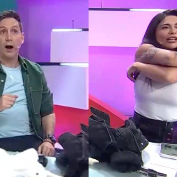Antonella Ríos en el set de televisión, en alusión al inesperado momento vivido en Plan Perfecto cuando la actriz se quitó el sostén en vivo tras una conversación sobre vestuario liderada por Fran García-Huidobro, sorprendiendo a sus compañeros y dejando en shock al panelista Patricio Sotomayor.