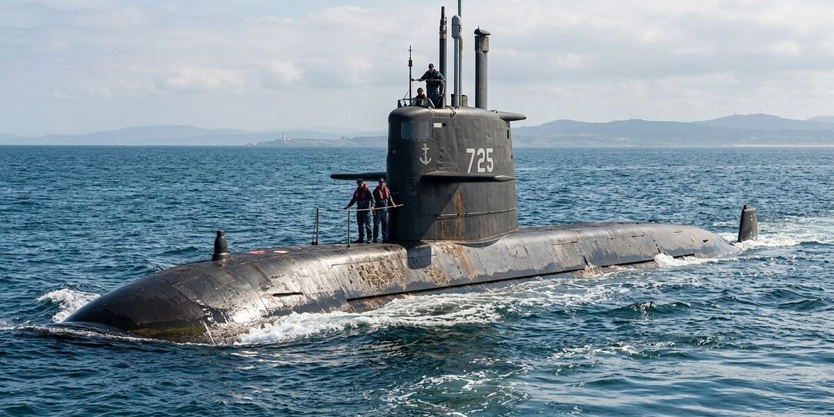 Un submarino militar oscuro con el número 725 navega en mar abierto, con dos personas de pie sobre la cubierta y el horizonte costero al fondo.