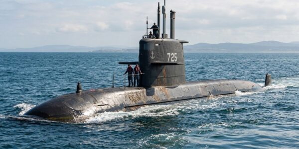 Un submarino militar oscuro con el número 725 navega en mar abierto, con dos personas de pie sobre la cubierta y el horizonte costero al fondo.