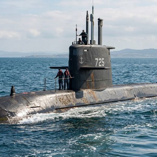 Un submarino militar oscuro con el número 725 navega en mar abierto, con dos personas de pie sobre la cubierta y el horizonte costero al fondo.