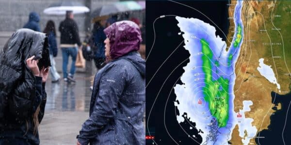 Imagen satelital de un sistema frontal avanzando hacia el sur de Chile durante las Fiestas Patrias 2026