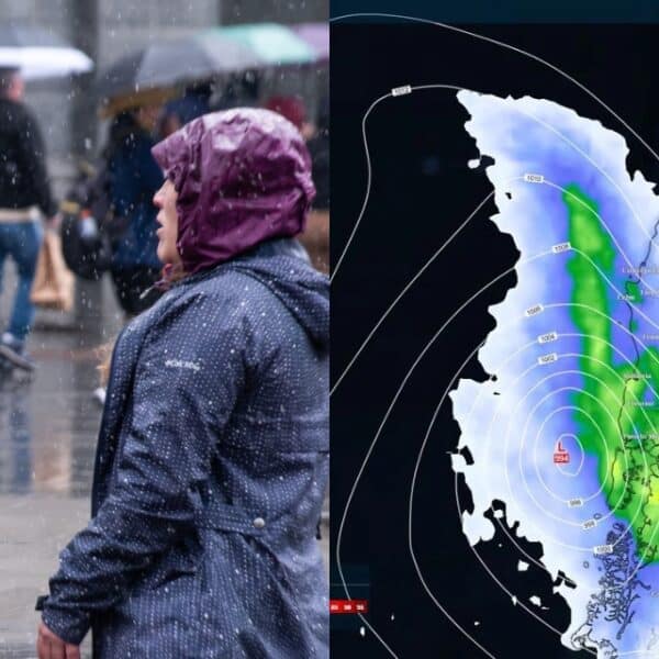 Imagen satelital de un sistema frontal avanzando hacia el sur de Chile durante las Fiestas Patrias 2026