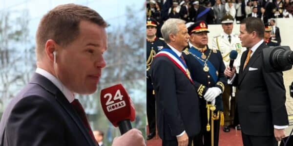 El periodista Davor Gjuranovic durante la transmisión de TVN de la Parada Militar 2026 en el Parque O'Higgins