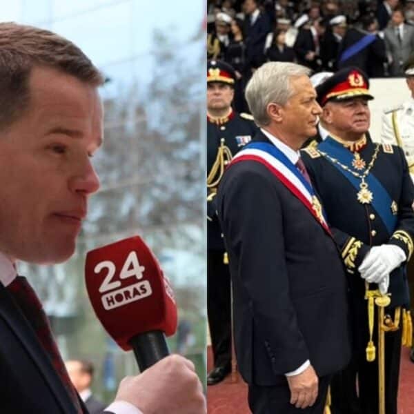 El periodista Davor Gjuranovic durante la transmisión de TVN de la Parada Militar 2026 en el Parque O'Higgins