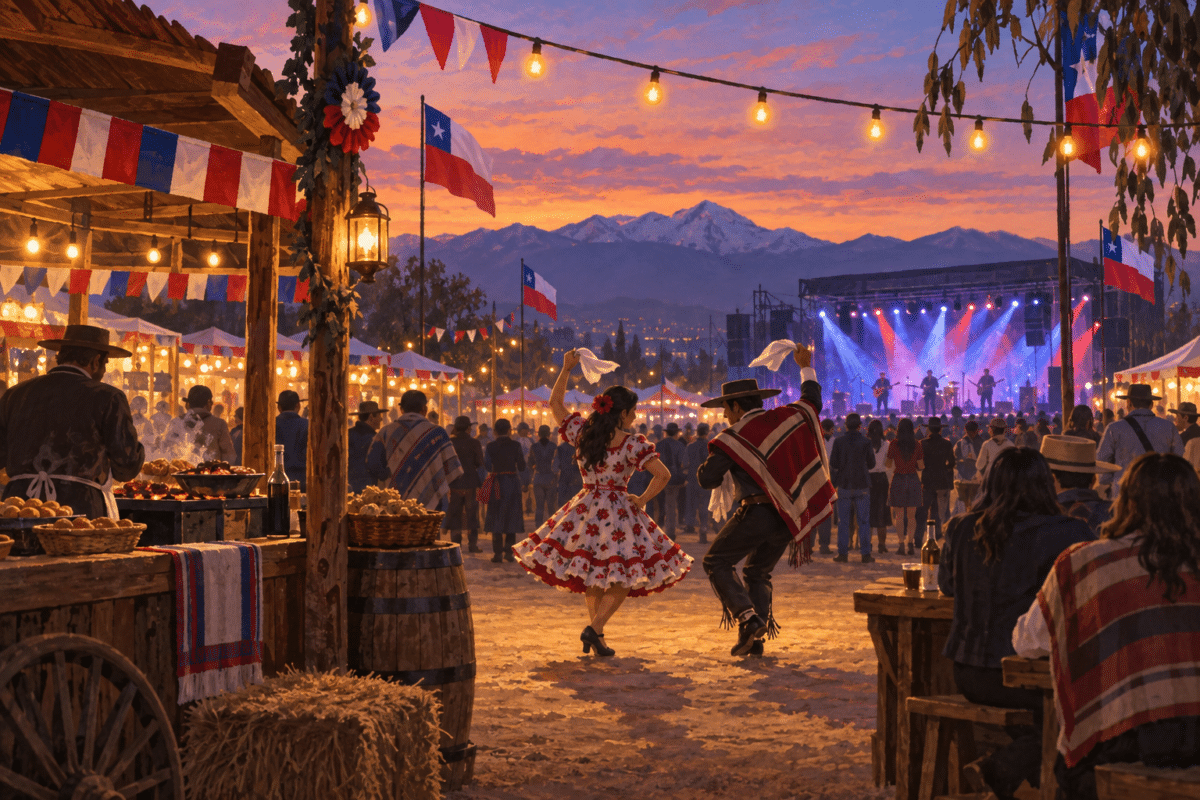 Ilustración de una fonda chilena al atardecer, con una pareja bailando cueca, puestos y un escenario musical