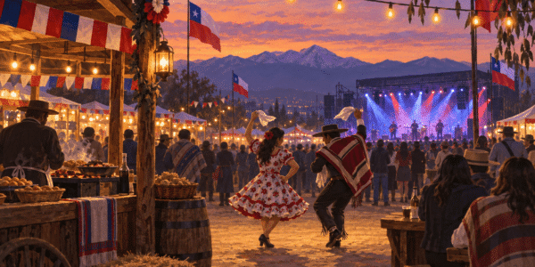 Ilustración de una fonda chilena al atardecer, con una pareja bailando cueca, puestos y un escenario musical