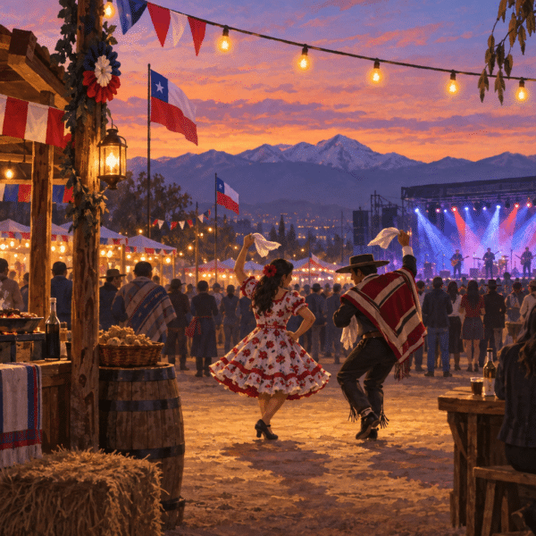 Ilustración de una fonda chilena al atardecer, con una pareja bailando cueca, puestos y un escenario musical