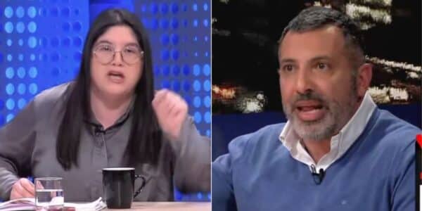 Valeria Cárcamo y Gustavo Hasbún durante un debate televisivo, en referencia a la tensa discusión que protagonizaron en el programa Próceres tras acusaciones cruzadas por seguridad pública y protestas, donde el exdiputado le atribuyó delitos a la dirigenta y ella lo encaró en vivo.