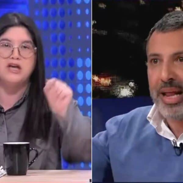 Valeria Cárcamo y Gustavo Hasbún durante un debate televisivo, en referencia a la tensa discusión que protagonizaron en el programa Próceres tras acusaciones cruzadas por seguridad pública y protestas, donde el exdiputado le atribuyó delitos a la dirigenta y ella lo encaró en vivo.