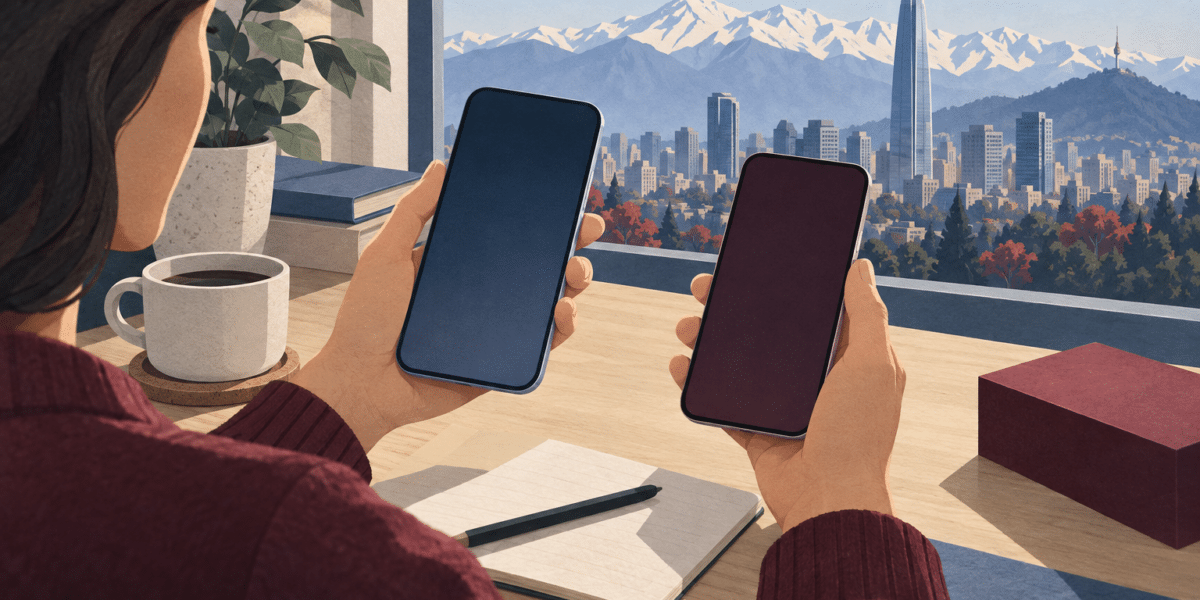 Ilustración de una persona comparando dos celulares genéricos con Santiago y la cordillera al fondo