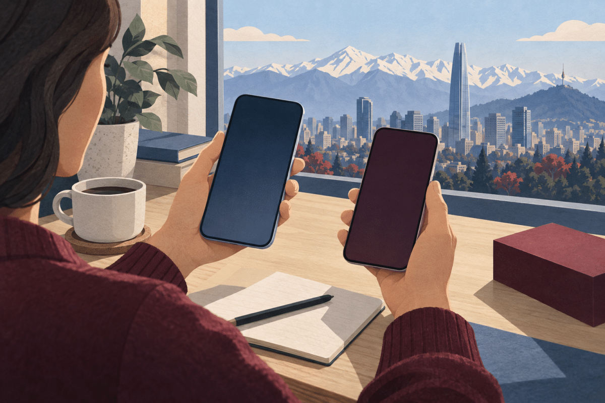 Ilustración de una persona comparando dos celulares genéricos con Santiago y la cordillera al fondo