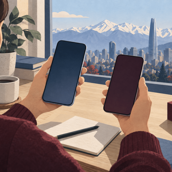 Ilustración de una persona comparando dos celulares genéricos con Santiago y la cordillera al fondo