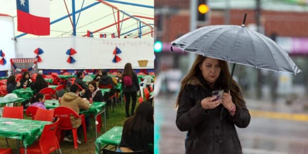 Persona con paraguas bajo la lluvia en Santiago ante pronóstico de precipitaciones para Fiestas Patrias