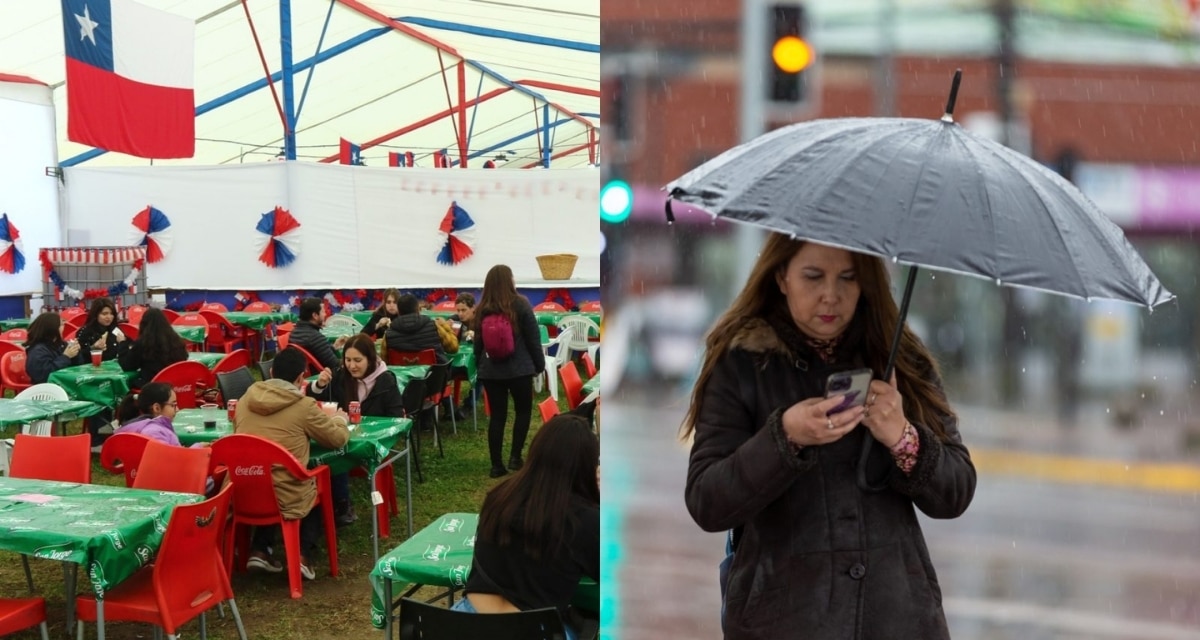 Persona con paraguas bajo la lluvia en Santiago ante pronóstico de precipitaciones para Fiestas Patrias