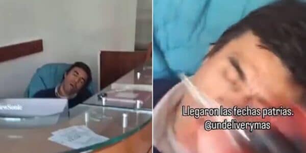 Captura dividida de un conserje dormido en una silla junto a un mesón de vidrio; a la derecha aparece un primer plano de su rostro mientras un texto sobreimpreso cruza la imagen.