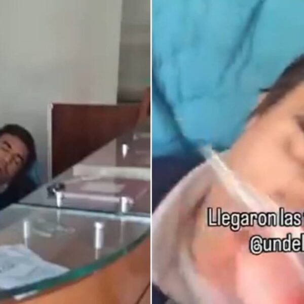 Captura dividida de un conserje dormido en una silla junto a un mesón de vidrio; a la derecha aparece un primer plano de su rostro mientras un texto sobreimpreso cruza la imagen.