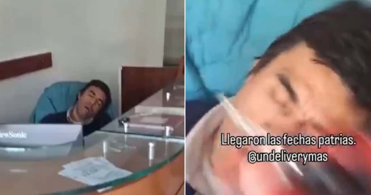 Captura dividida de un conserje dormido en una silla junto a un mesón de vidrio; a la derecha aparece un primer plano de su rostro mientras un texto sobreimpreso cruza la imagen.