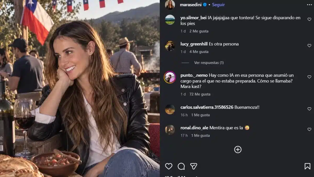 Publicación de Instagram de Mara Sedini con una imagen generada por IA en una fonda, donde se aprecian banderas con errores en el fondo.