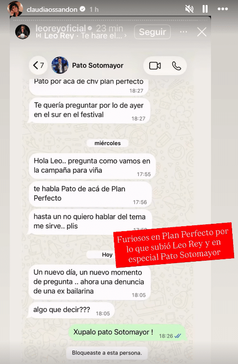Captura de una conversación de mensajería compartida en una historia de Instagram, con mensajes sobre un festival y notas escritas a mano que critican la difusión del chat privado.
