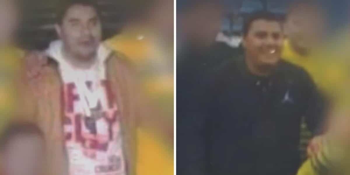Composición de dos fotografías: a la izquierda, un hombre con polerón blanco de letras rojas y chaqueta café; a la derecha, un hombre con polera negra sonriendo, rodeado de personas difuminadas.