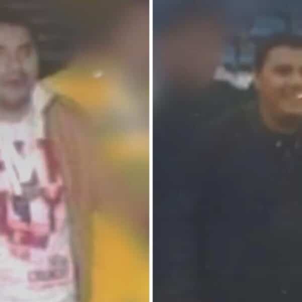 Composición de dos fotografías: a la izquierda, un hombre con polerón blanco de letras rojas y chaqueta café; a la derecha, un hombre con polera negra sonriendo, rodeado de personas difuminadas.