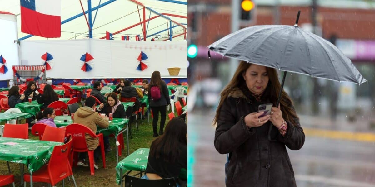Pronóstico de lluvia en Fiestas Patrias con calles mojadas y banderas chilenas flameando