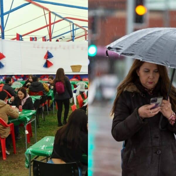 Pronóstico de lluvia en Fiestas Patrias con calles mojadas y banderas chilenas flameando