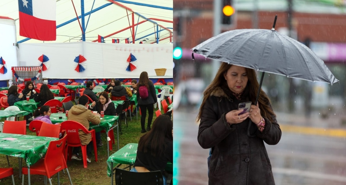 Pronóstico de lluvia en Fiestas Patrias con calles mojadas y banderas chilenas flameando