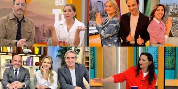 Animadores y panelistas en el estudio de un matinal de televisión abierta, en alusión a la reñida disputa por la sintonía matutina del martes 29 de septiembre, donde Mega se consolidó en el primer lugar con Mucho Gusto mientras Chilevisión y Canal 13 protagonizaron un virtual empate técnico separados por apenas 837 espectadores.