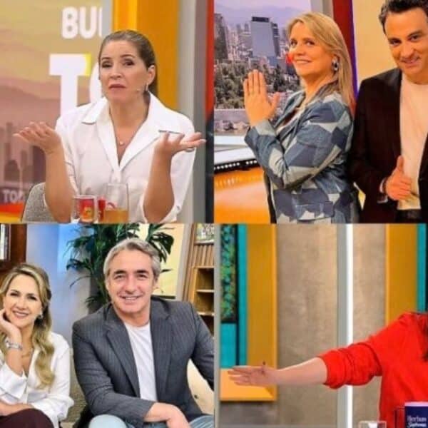 Animadores y panelistas en el estudio de un matinal de televisión abierta, en alusión a la reñida disputa por la sintonía matutina del martes 29 de septiembre, donde Mega se consolidó en el primer lugar con Mucho Gusto mientras Chilevisión y Canal 13 protagonizaron un virtual empate técnico separados por apenas 837 espectadores.
