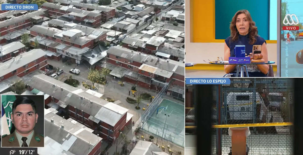 Pantalla dividida de matinal: dron sobre viviendas, fotografía insertada de funcionario policial, conductora en estudio y cámara en vivo etiquetada Lo Espejo.
