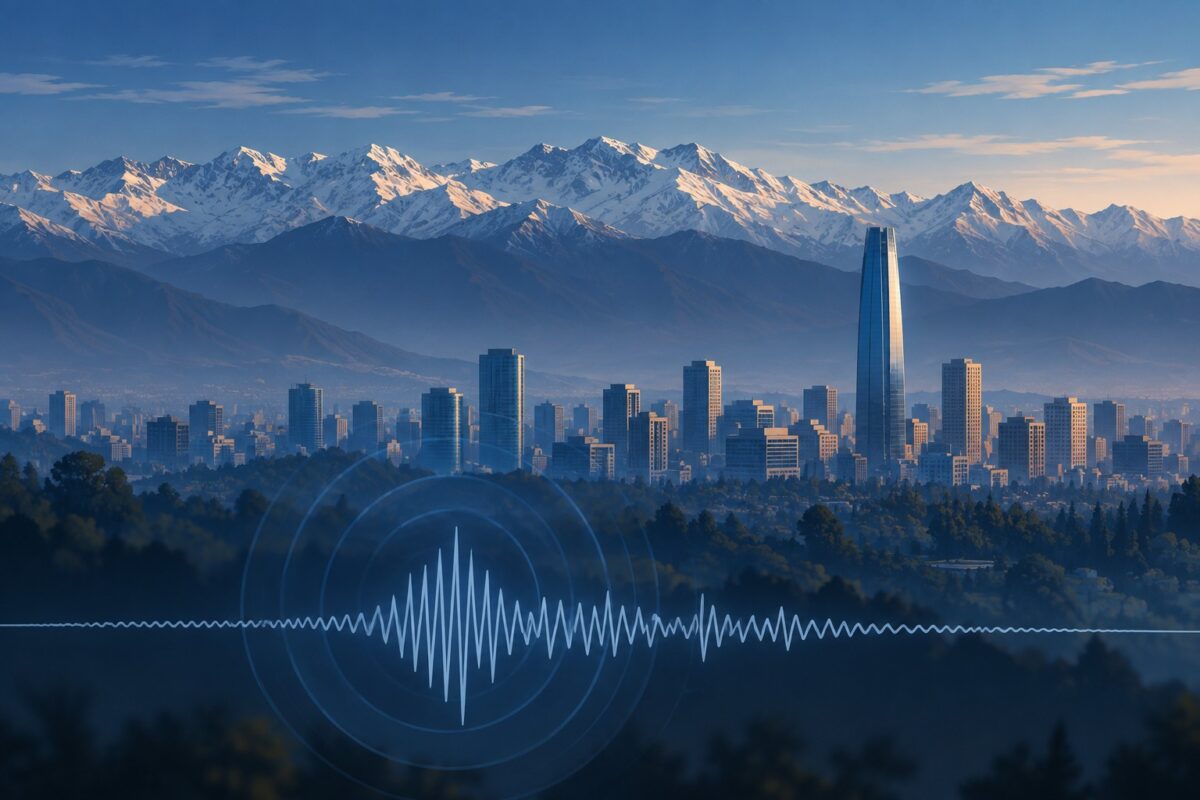 Ilustración editorial de Santiago y la cordillera con una onda sísmica, por el temblor cerca de Farellones